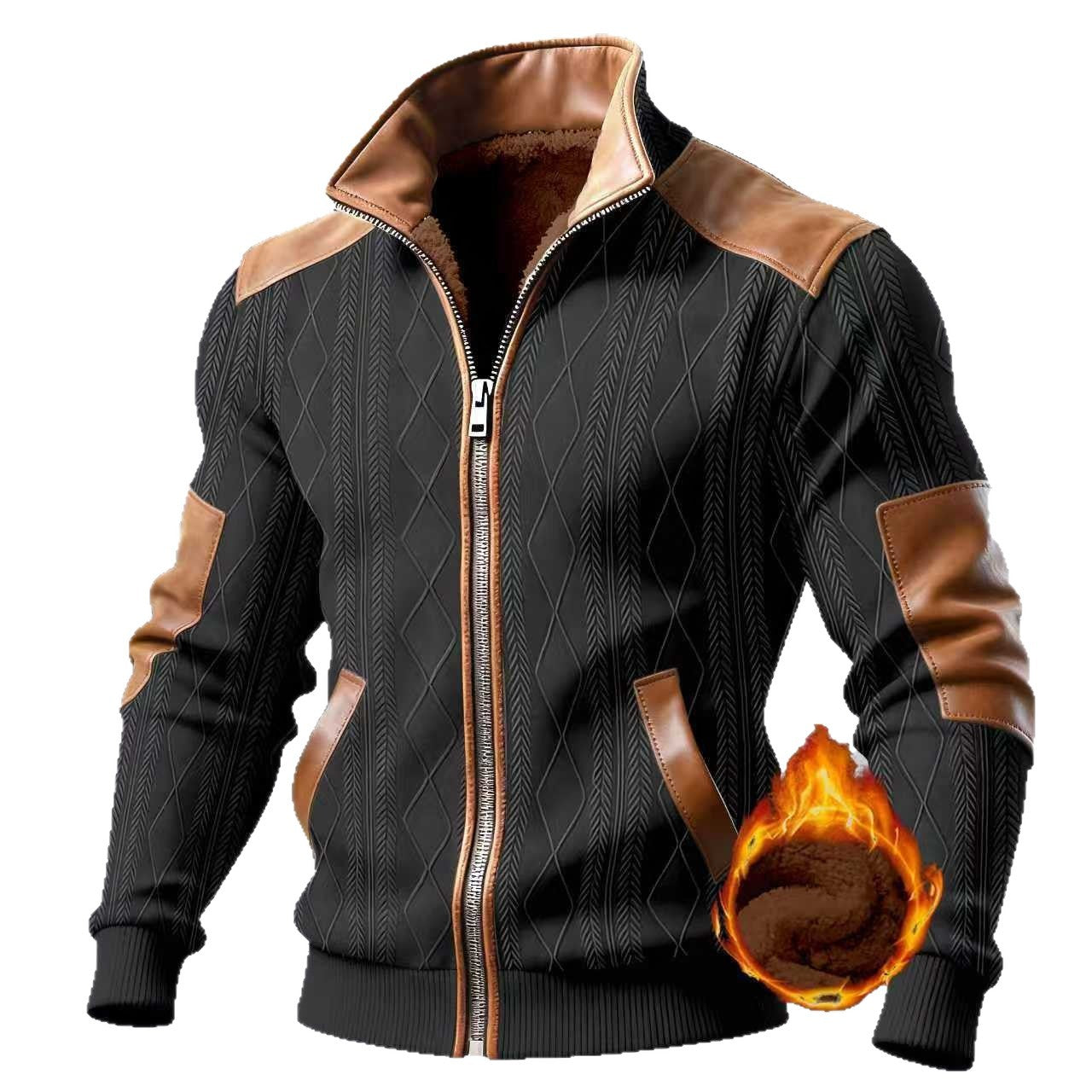 Mens Winter Jacquard Fleece Zip-Up Jacket  Casual Color Block Cardigan Coat