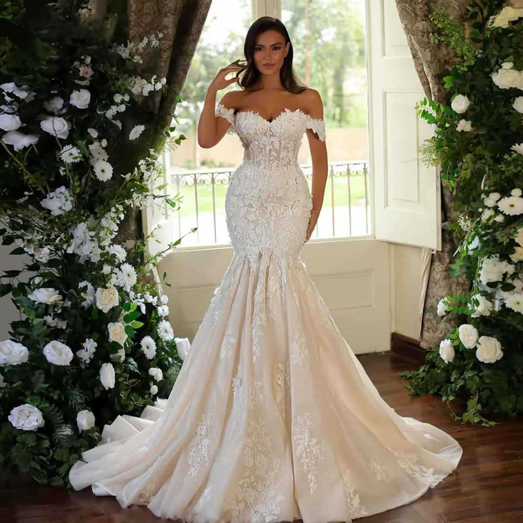 Floral One-Shoulder Fishtail Lace Wedding Dress  Luxury Gauze Bridal Gown