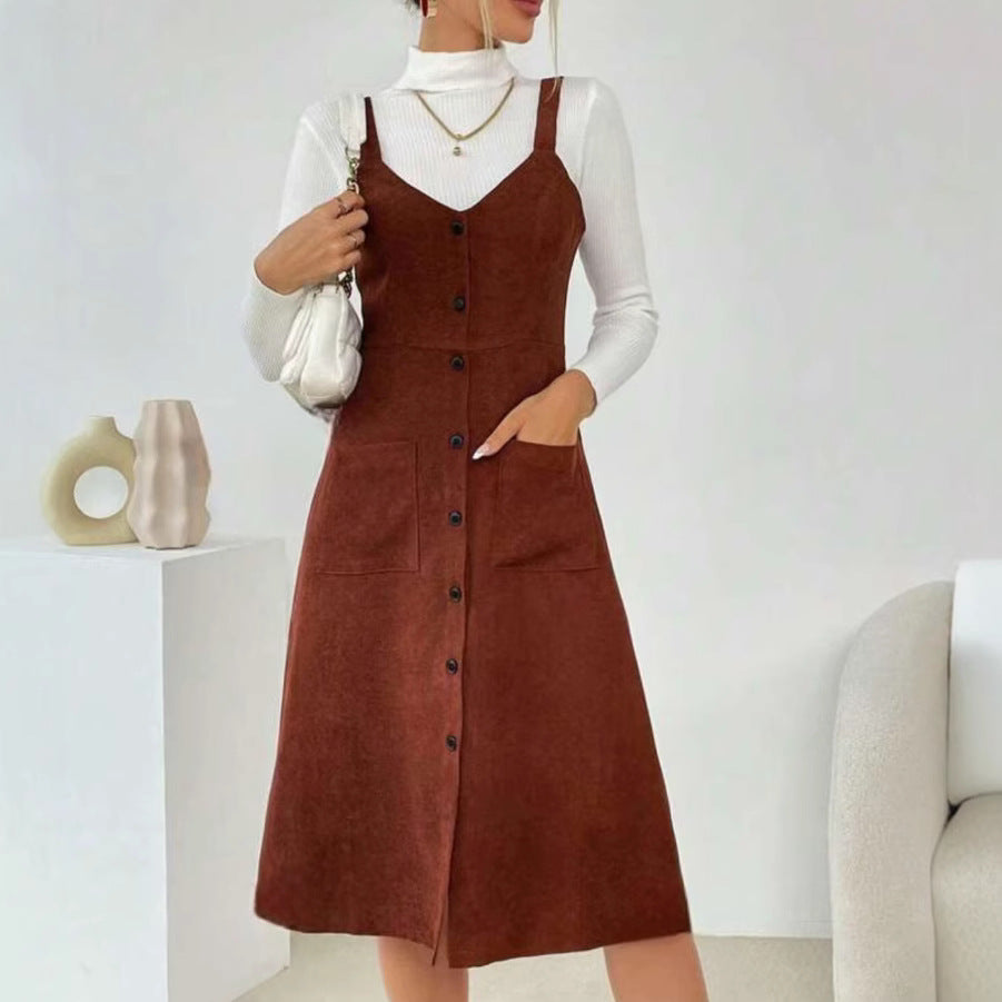 Autumn/Winter Cross-Border Suspender Pocket Midi Dress