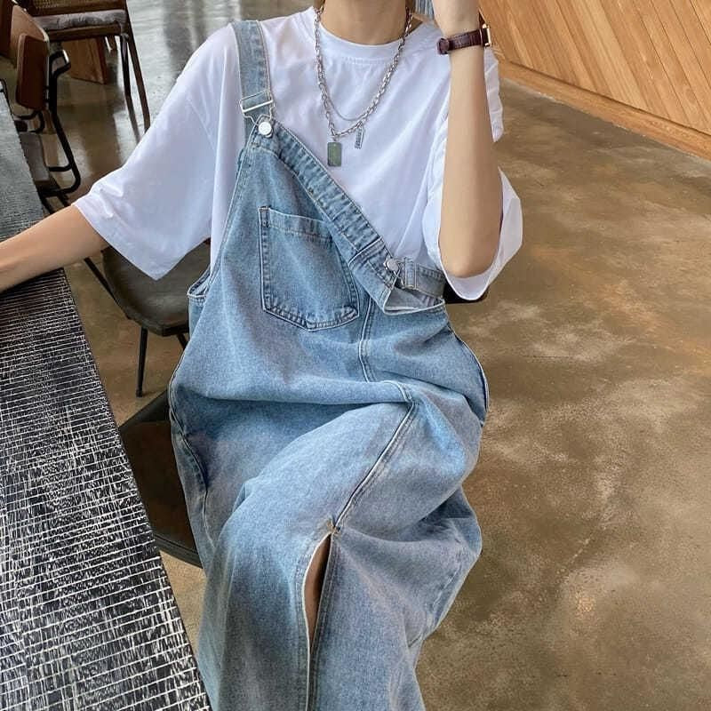 Women's Irregular Slit Denim Suspender Skirt  Summer Loose Long Slip Dress