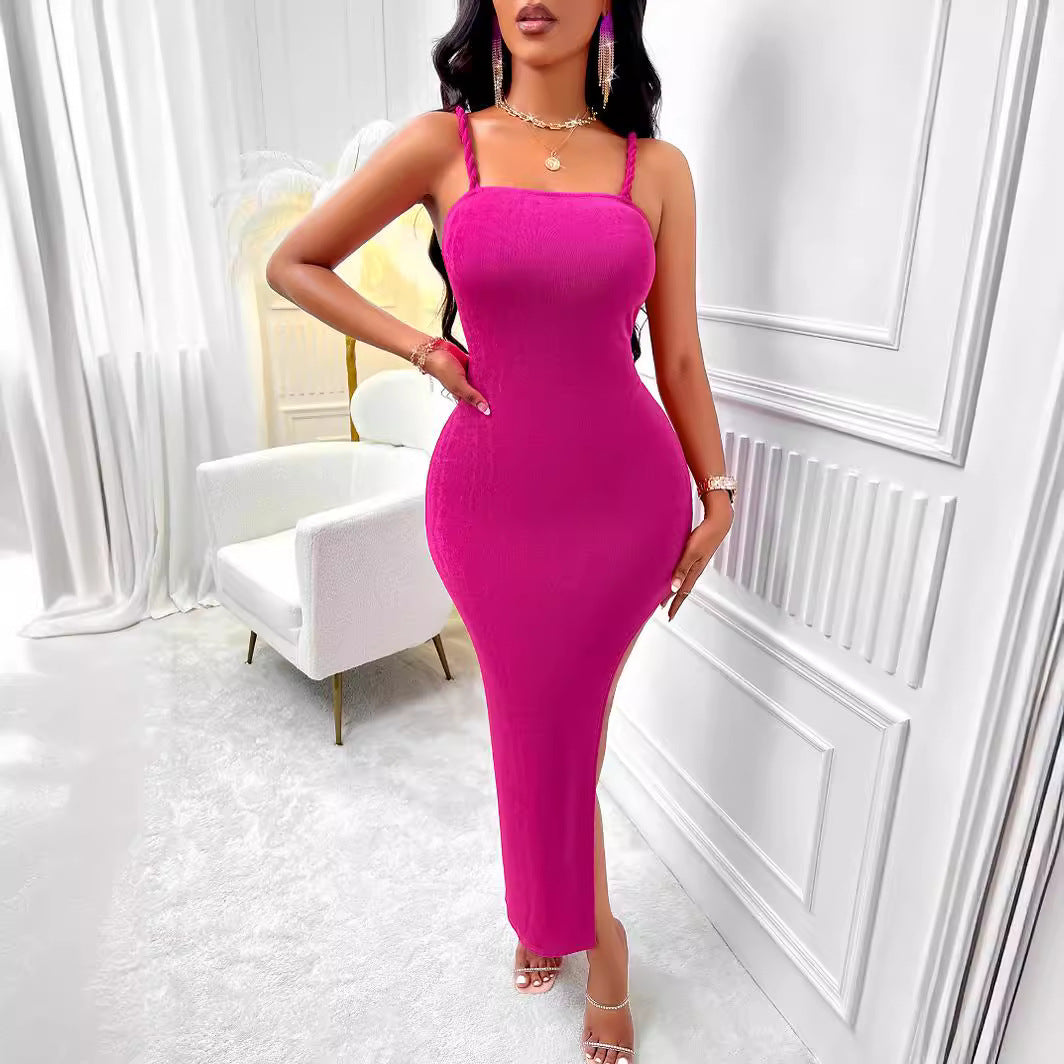 New women's casual solid color waist twist strap slit dress