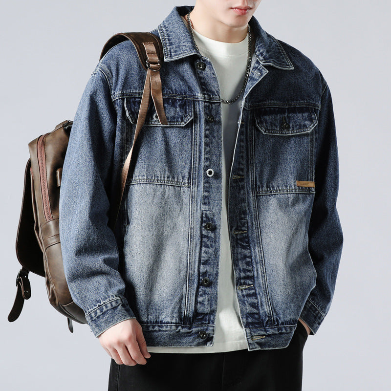 Men's Washed Denim Jacket  Loose Retro Casual Lapel Coat