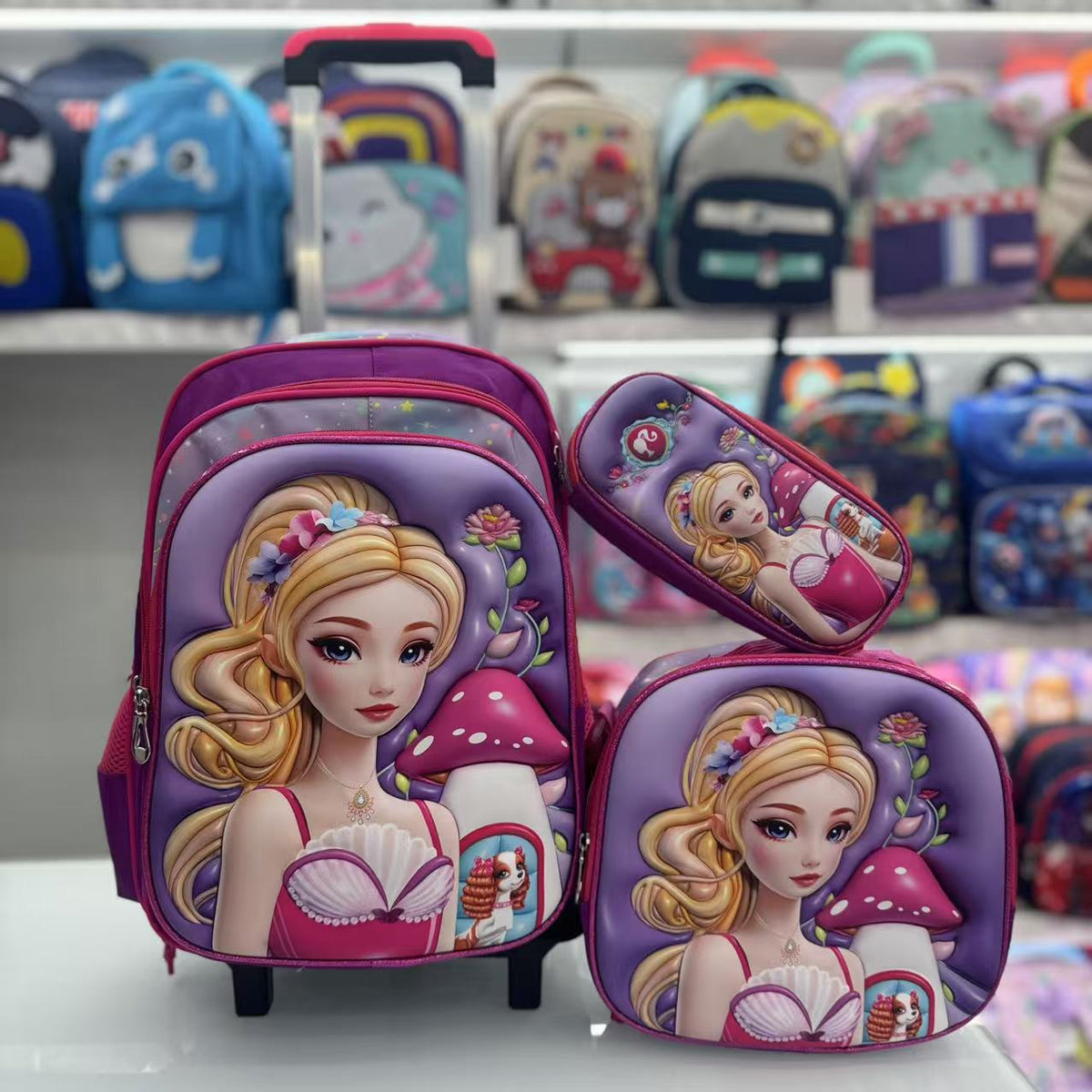 Cartoon 16Inch three-piece set with a rolling rod backpack 3D hard shell backpack with wheels