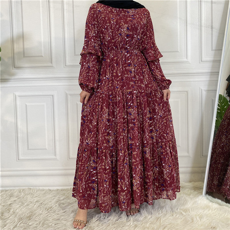Women's Floral Chiffon Maxi Dress  Long Sleeve Elegant Swing Dress
