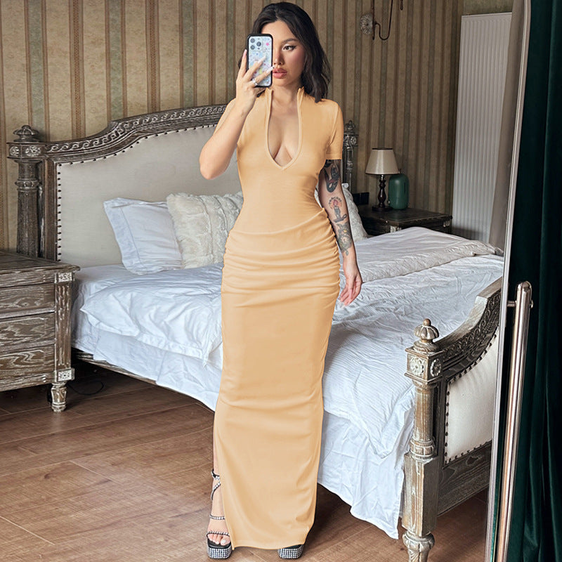 Sexy Deep V Short Sleeve Solid Color Long Dress