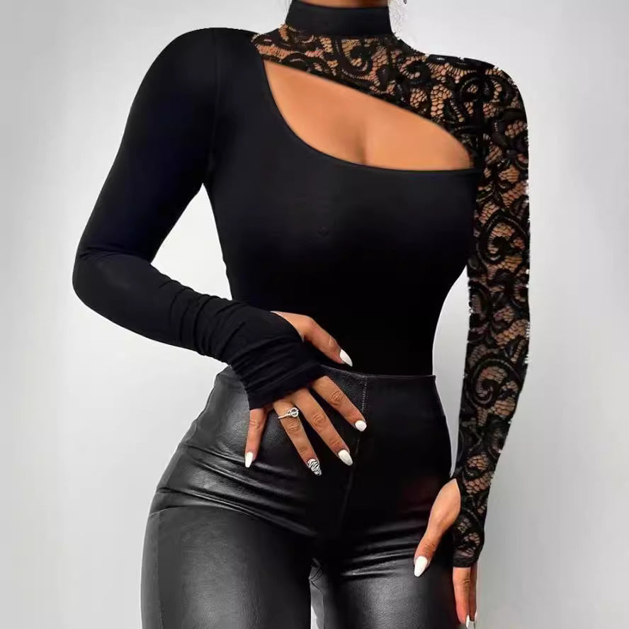 Off-the-Shoulder Lace Irregular Long Sleeve, High Neck Women's Sexy T-Shirt