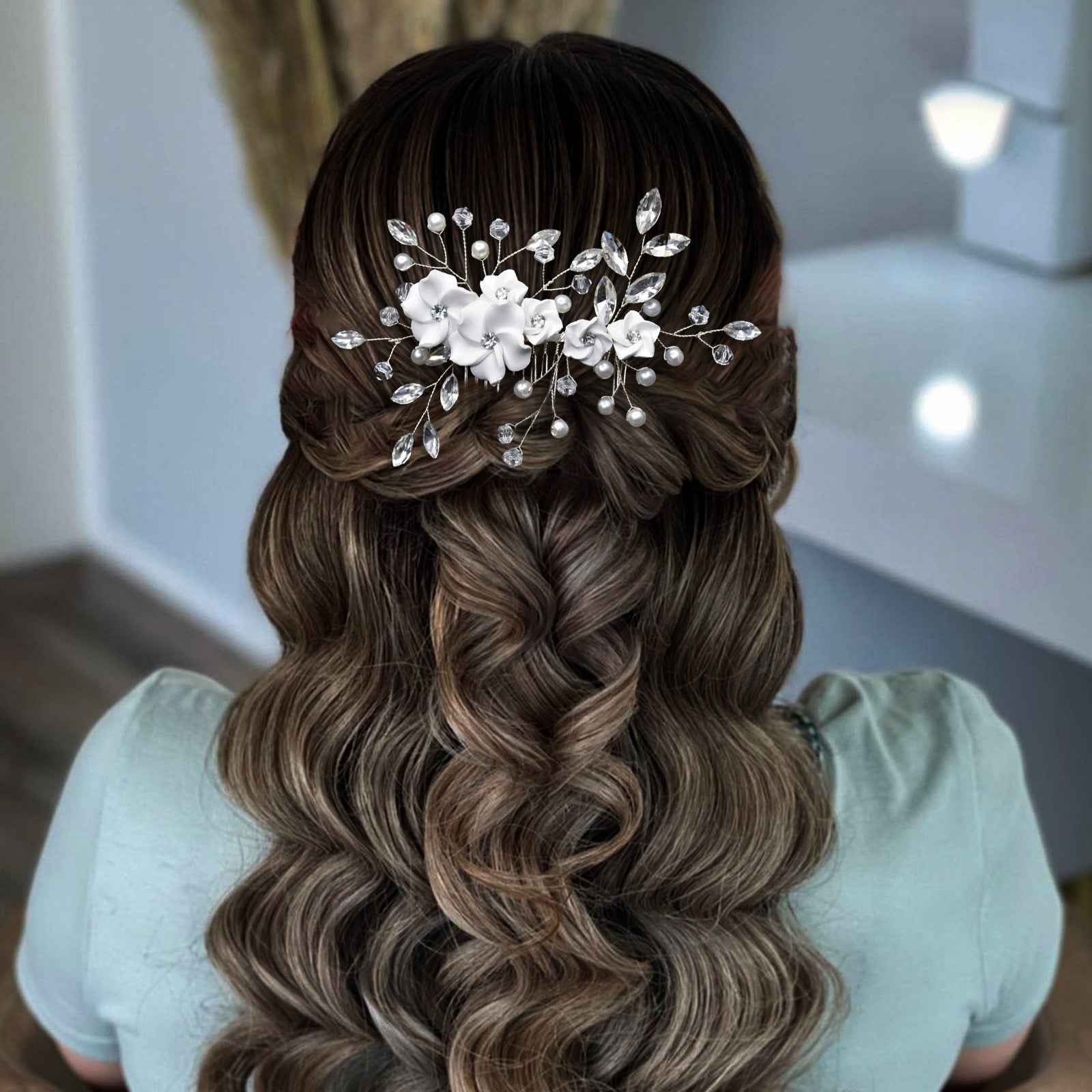 Bridal tiara, handmade rhinestone soft pottery flower ornament wedding party
