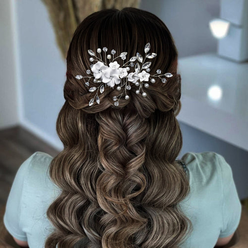 Bridal tiara, handmade rhinestone soft pottery flower ornament wedding party