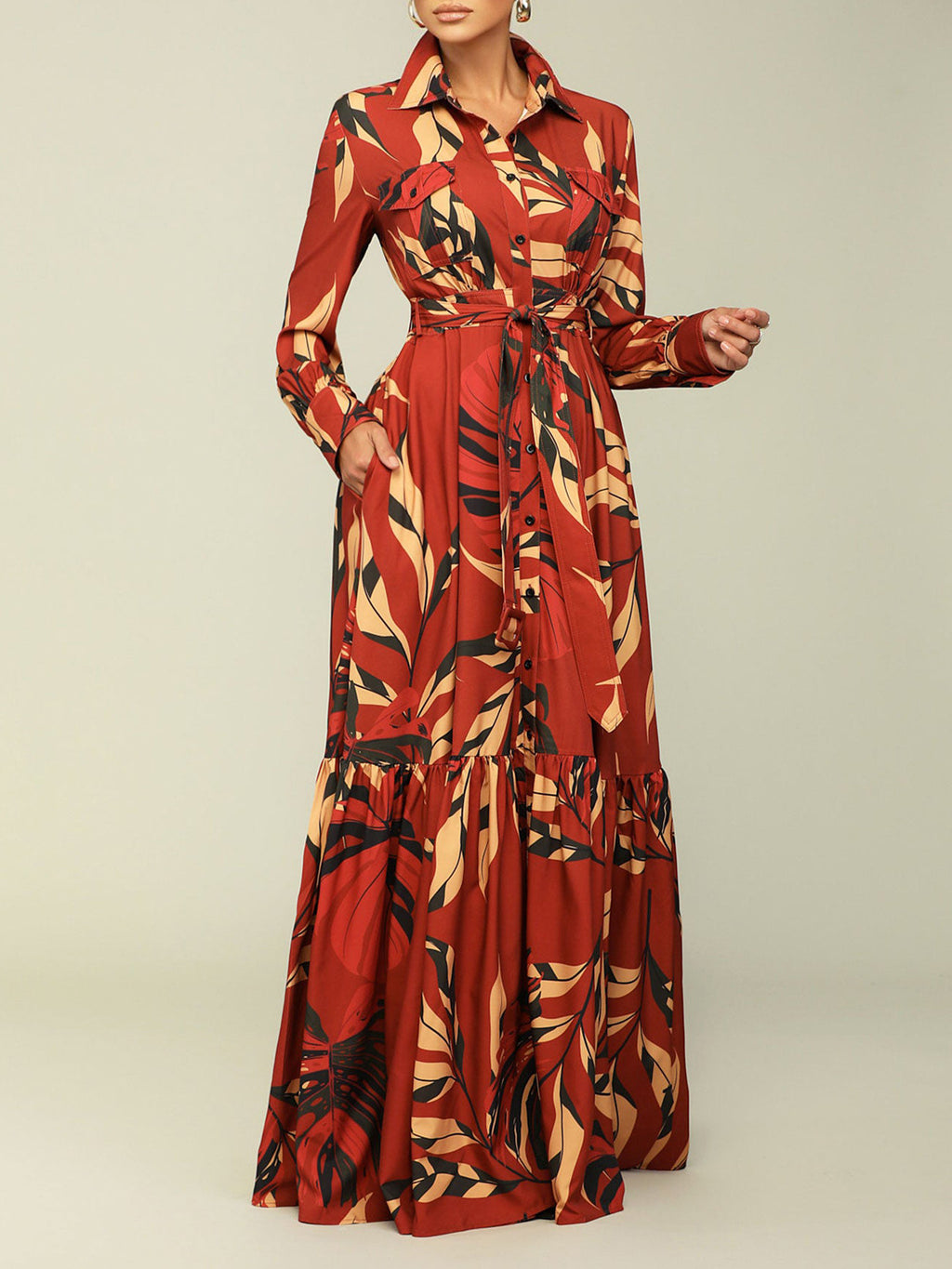 Autumn Lapel Tie Fashion Print Long Sleeve Dress (On Hand)