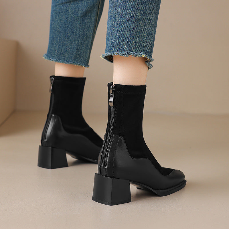 Mid-Heel Square Toe Splicing Boots