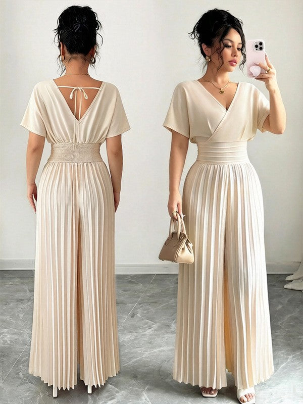 Women’s Elegant V-Neck Pleated Jumpsuit – Solid Color Waist-Cinching Short Sleeve Romper