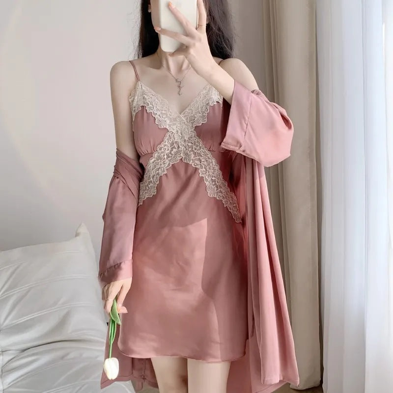 Women's Ice Silk 5-Piece Pajama Set – Sexy Cami Nightdress & Loungewear