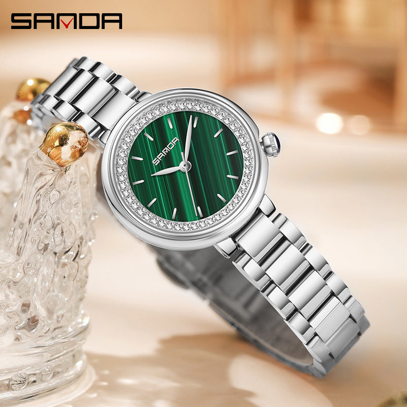 Elegant Malachite Quartz Watch with Crystal Stones - Luxury Women's