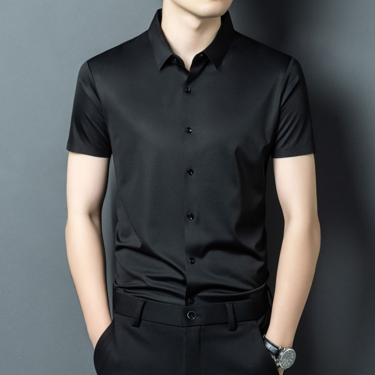 Mens Stretch Ice Silk Long-Sleeve Shirt