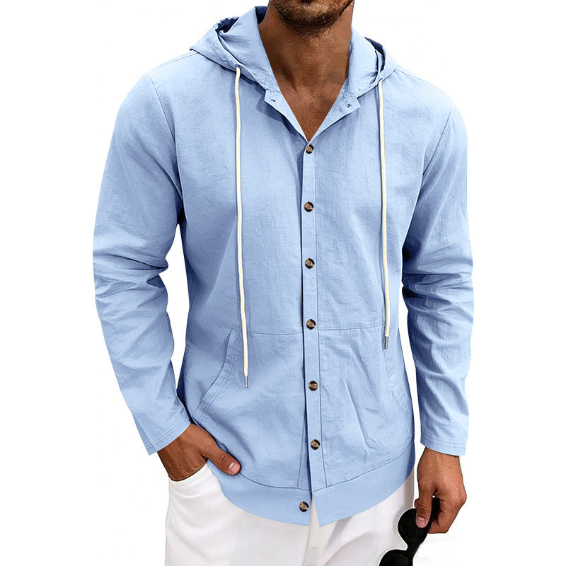 Mens Linen Hooded Beach Shirt  Casual Loose Fit Cardigan for Spring & Fall