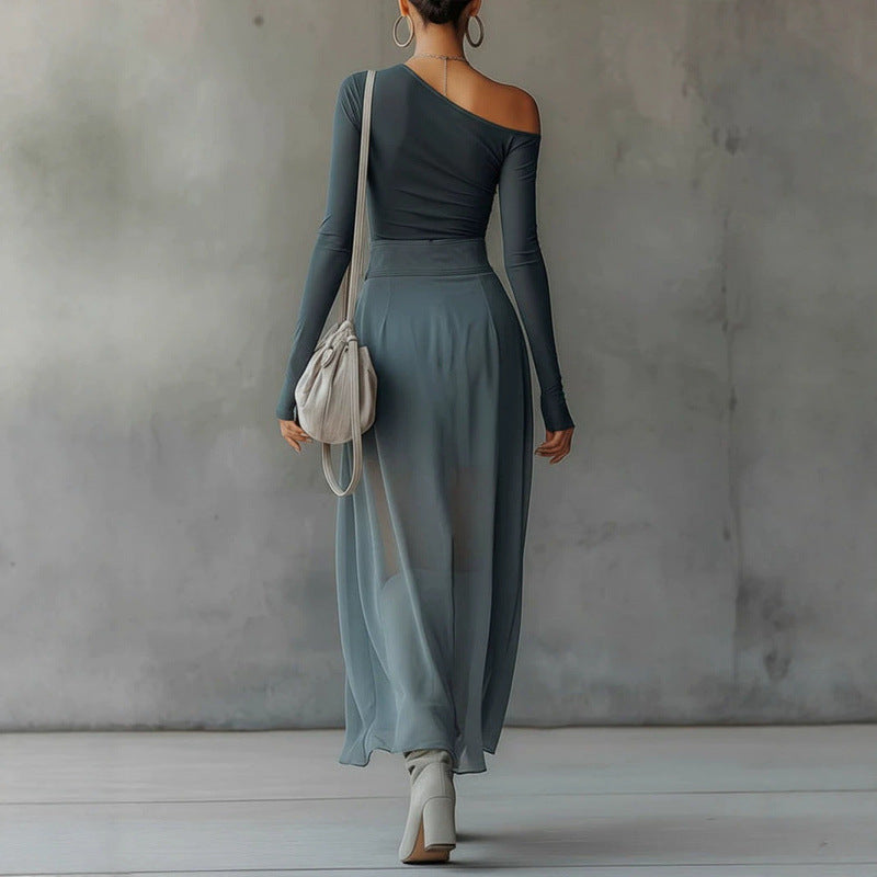 Asymmetrical Shoulder Top, Slit Pleated Midi Skirt Set, Asymmetrical Shoulder Set