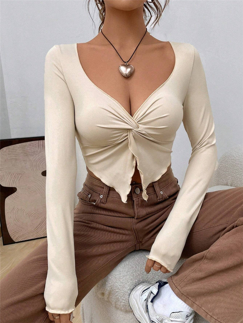 New Slim Front Twist Irregular Long-Sleeved T-shirt Women: Spring and Summer