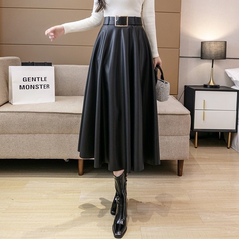 Coffee Leather Pleated Skirt  High-Waisted A-Line Midi for Autumn/Winter