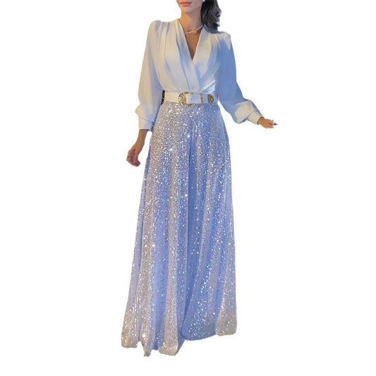 V-neck long-sleeved shirts, waist thin, sequined wide-leg pants