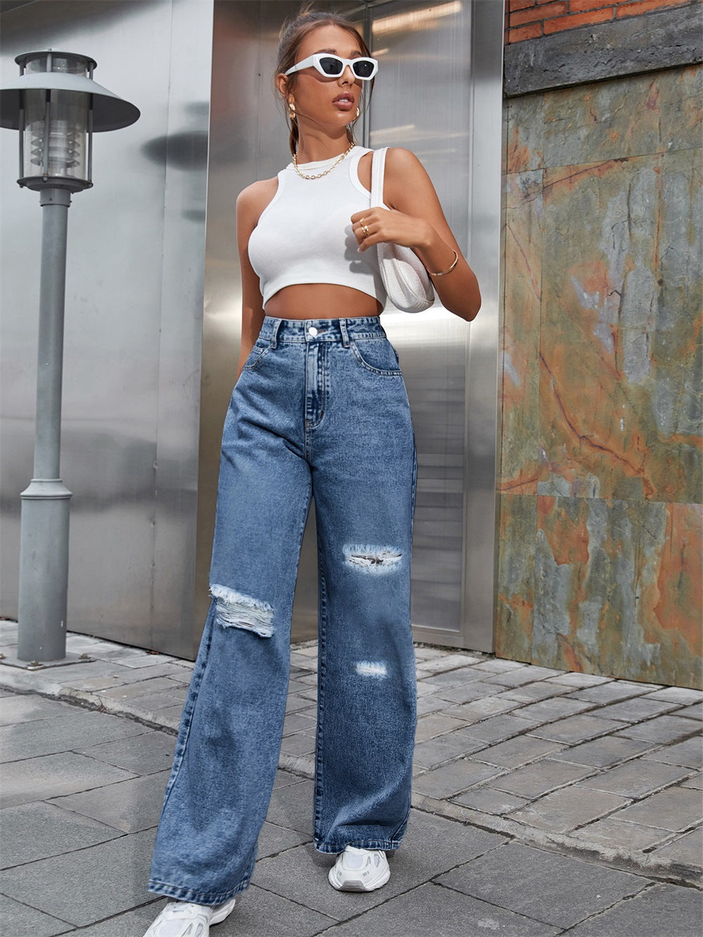 Ripped wash loose, straight denim pants