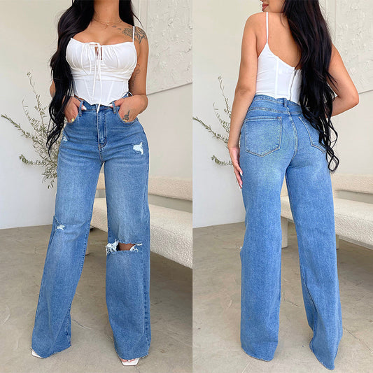 Long high-waisted ripped raw edges comfortable wide-leg pants