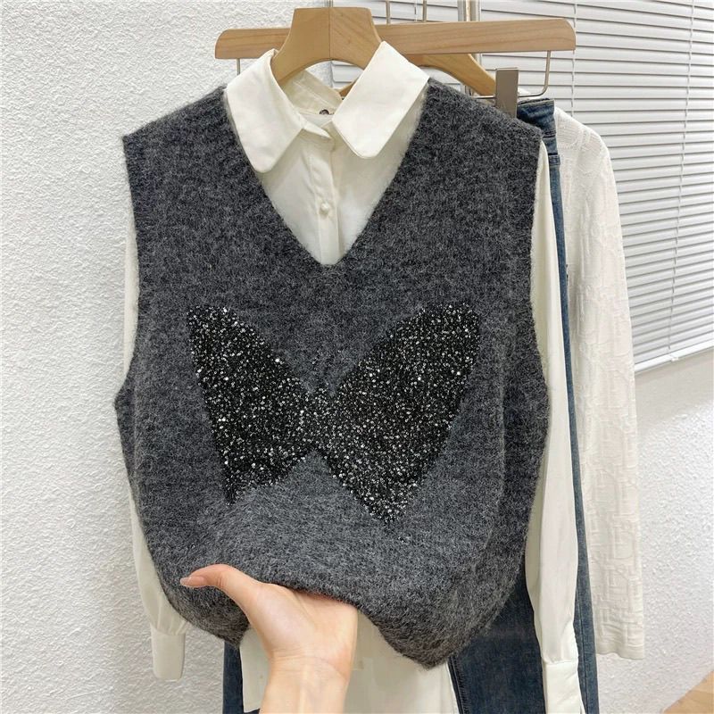 Butterfly Sequin Knitted Vest  Sleeveless Layered Sweater