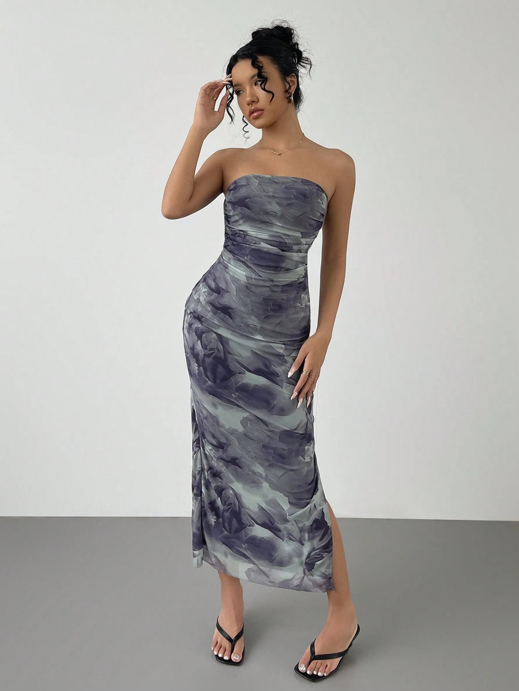 Mesh Floral Ruffle Bandeau Slit Long Skirt