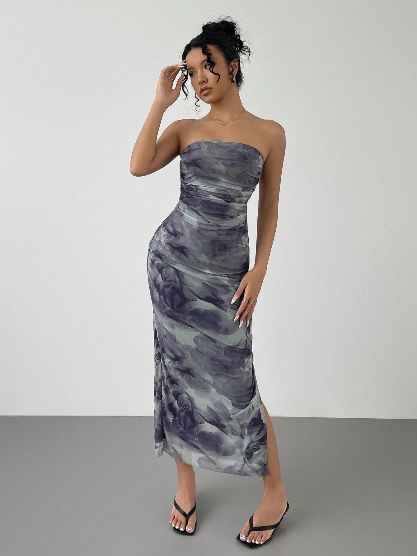 Mesh Floral Ruffle Bandeau Slit Long Skirt