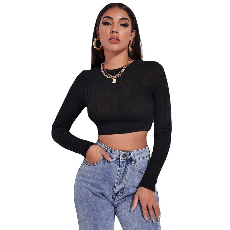 Women's Sexy Crop Top Long Sleeve with Lace-up Backless