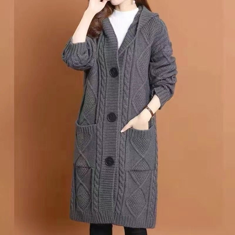 Heavy Industrial Jacquard Hooded Knit Cardigan