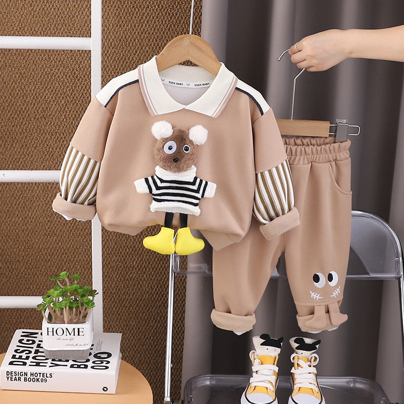 Adorable Bear Lapel Two-Piece Set  Spring & Autumn Cozy Outfit for Babies & Toddlers (0-4 Years)
