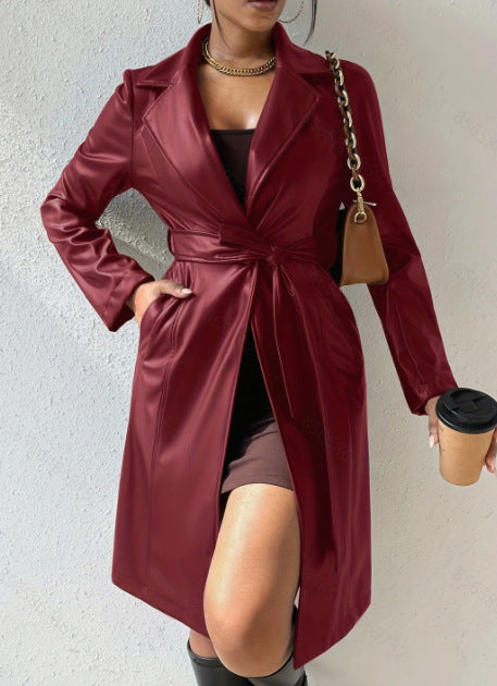 Women's PU long sleeve women's decoration body long windbreaker jacket