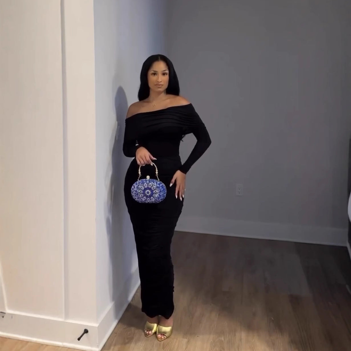 Sexy One-Shoulder Mesh Long Sleeve Bodycon Maxi Dress for Women