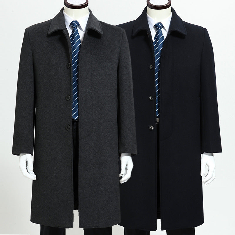Mens Woolen Trench Coat Business Casual Long Over-Knee Jacket Autumn Winter