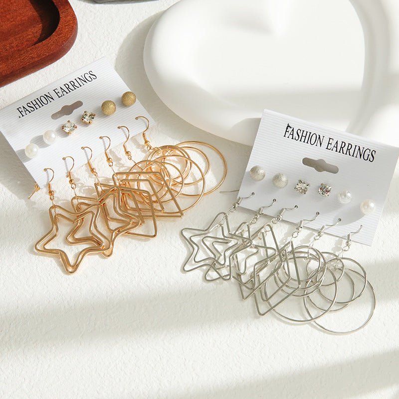 Five Pointed Star Circle Alloy Earrings with Pearl and Diamond Studs - 6 Pairs