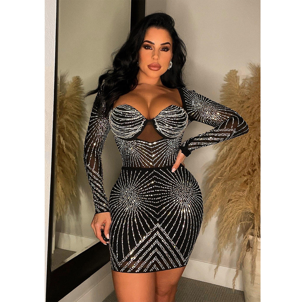 Women's Solid Color Mesh Hot Diamond Long-Sleeve Short Skirt Dress