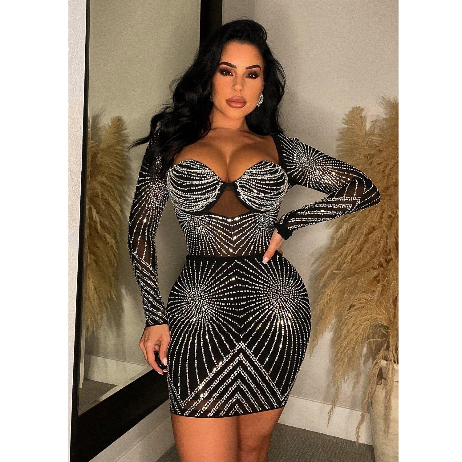 Women's Solid Color Mesh Hot Diamond Long-Sleeve Short Skirt Dress