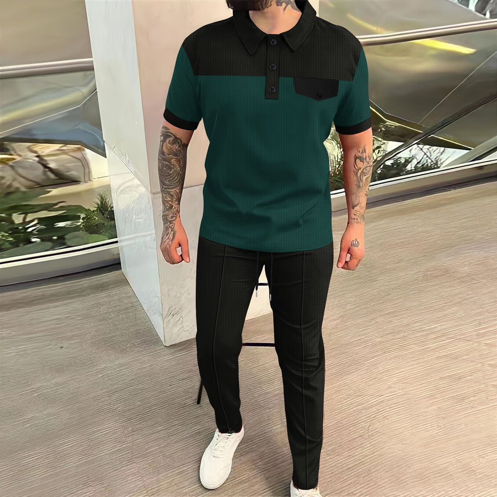 Men's Waffle Color-Block Short Sleeve Set (On Hand)