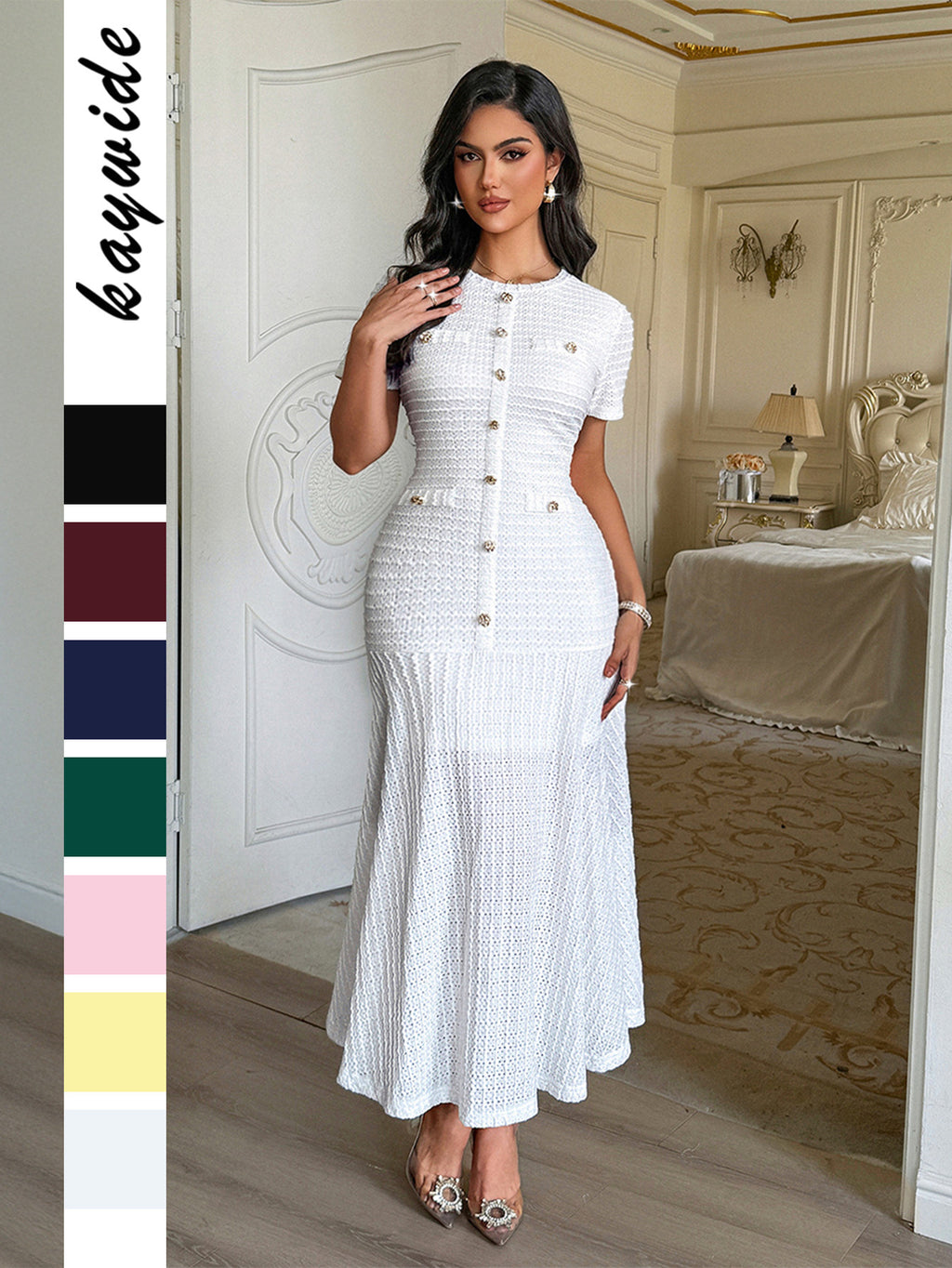 Women's Elegant Solid Color Bodycon Dress – Short Sleeve Office & Party Midi Dress