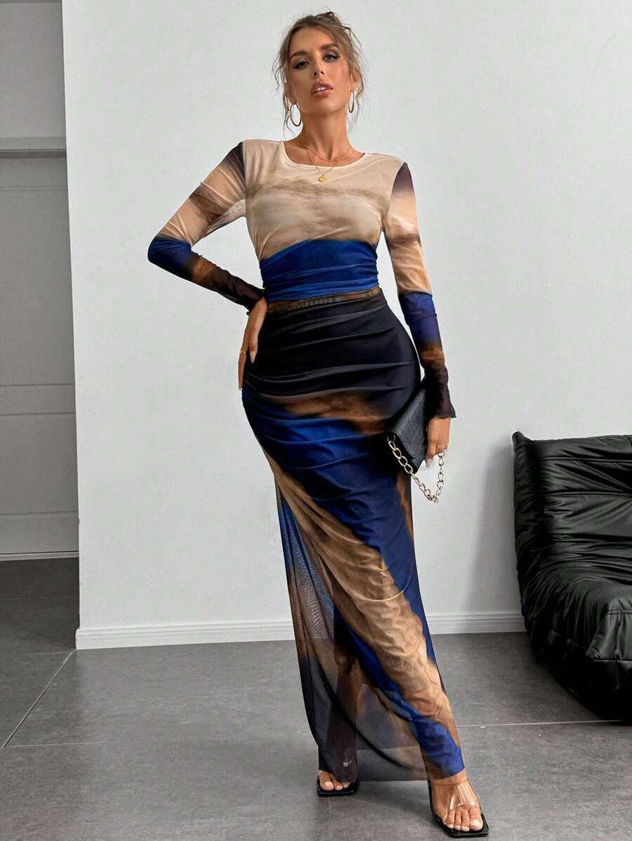 Elegant Contrast Rendered Slim Waist Dress