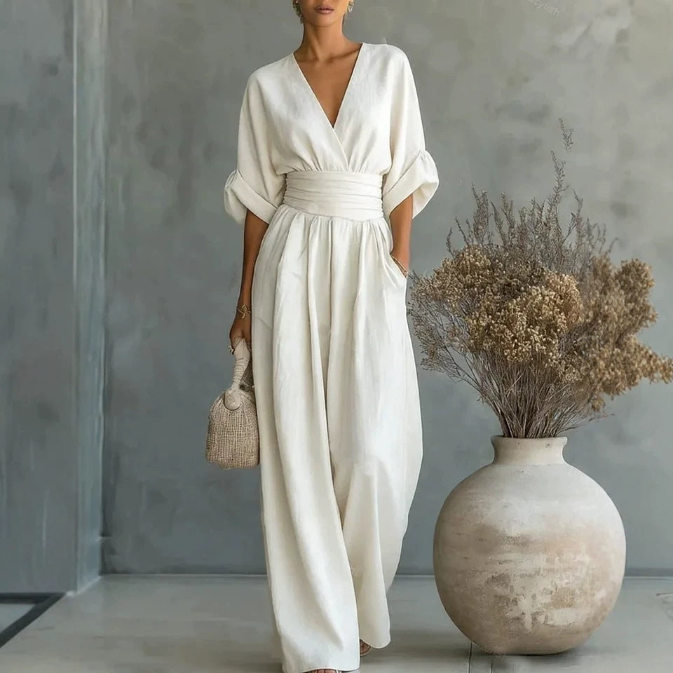 Womens Elegant V-Neck Waist-Slimming Jumpsuit