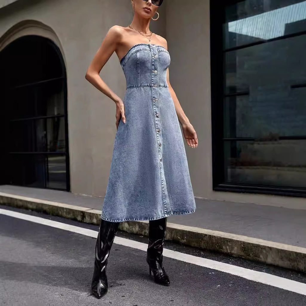 Waist Bandeau Slim Denim Swing Dress for Women's Clothing