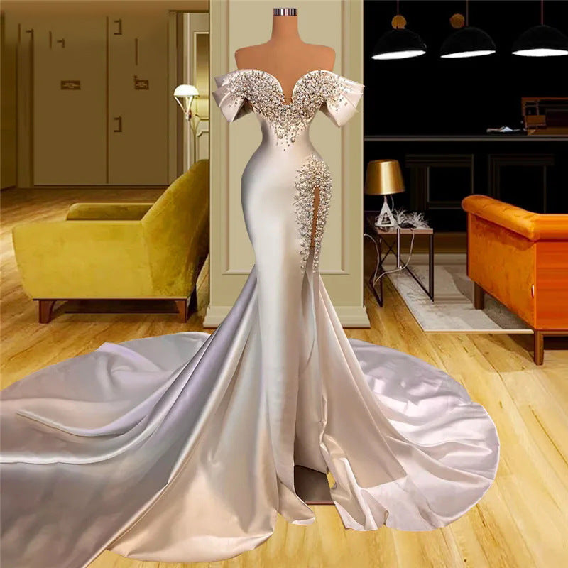 One-shoulder waist fishtail high-end wedding dress