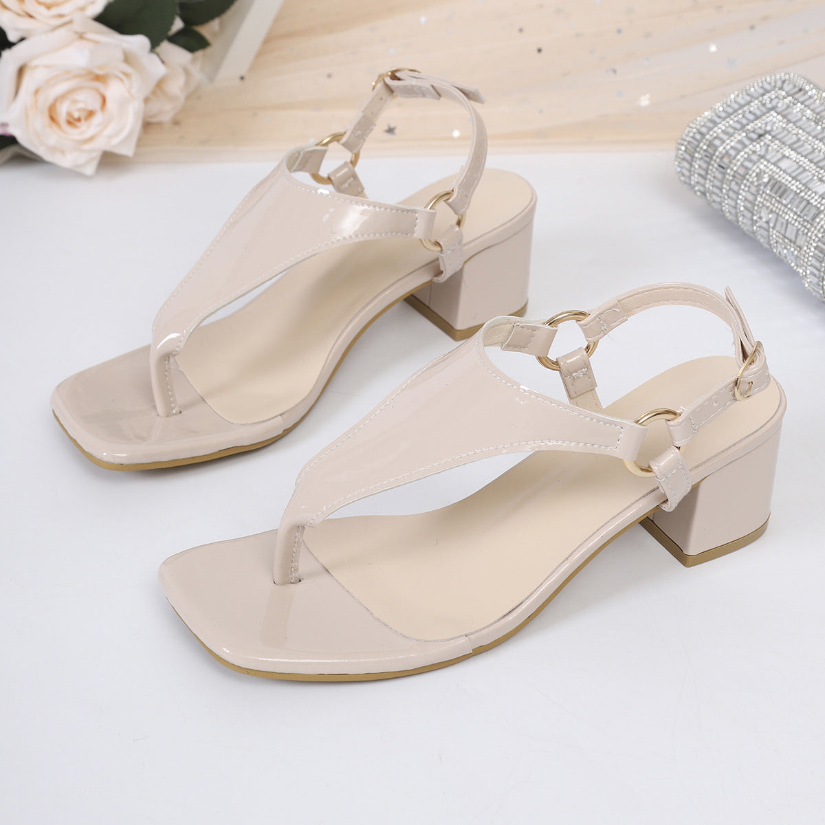 Womens Square Toe Patent Leather T-Strap Thick Heel Sandals  Plus Size
