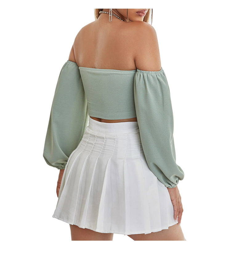 Women's crop top, off-the-shoulder elastic long sleeves - front zipper