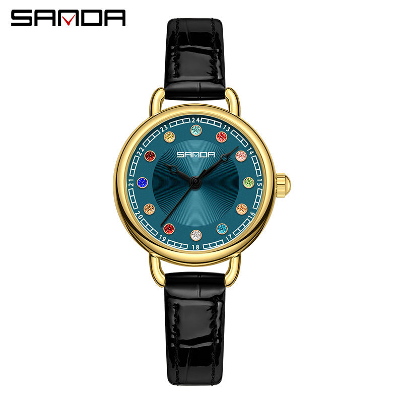 Elegant Malachite Quartz Watch with Crystal Stones - Luxury Women's