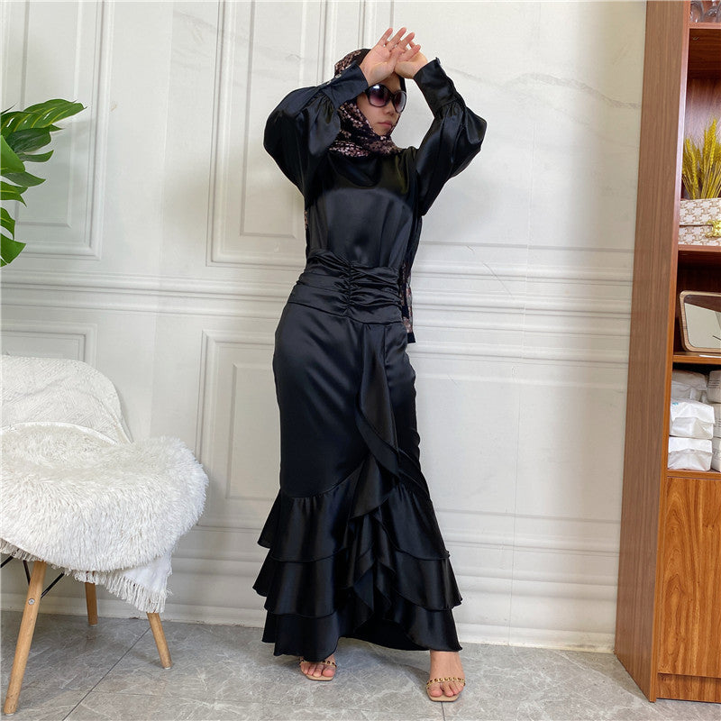 Elegant Satin Button-Down Shirt & Layered Skirt Set