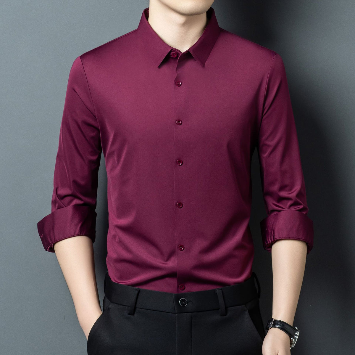Mens Stretch Ice Silk Long-Sleeve Shirt
