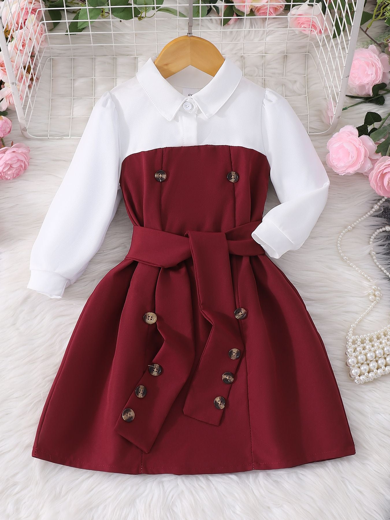Children’s Long-Sleeve Contrast Lapel Dress