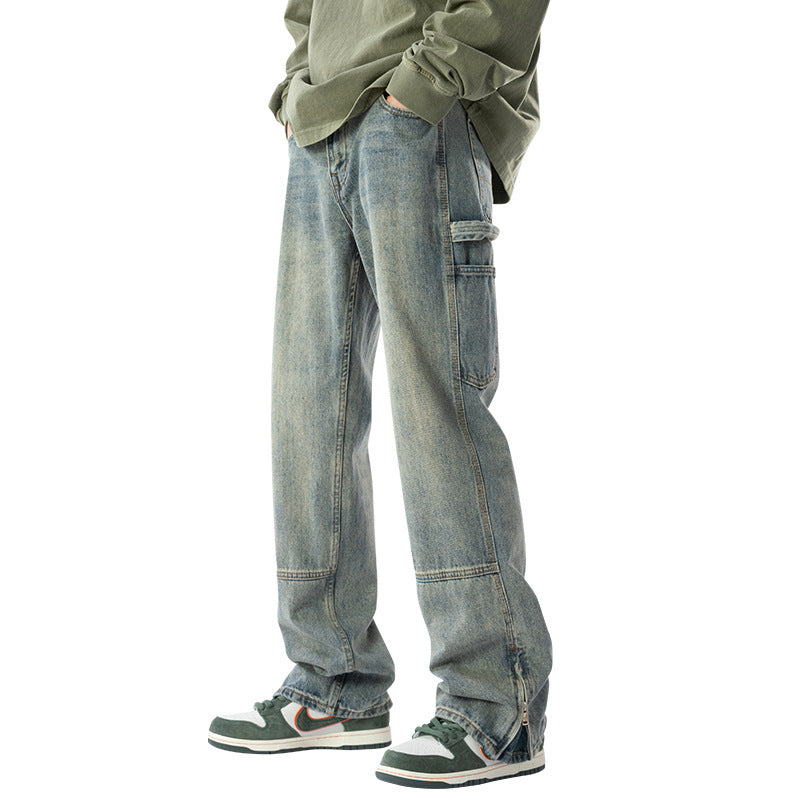 Retro Distressed Zipper-Slit Straight-Leg Jeans for Men